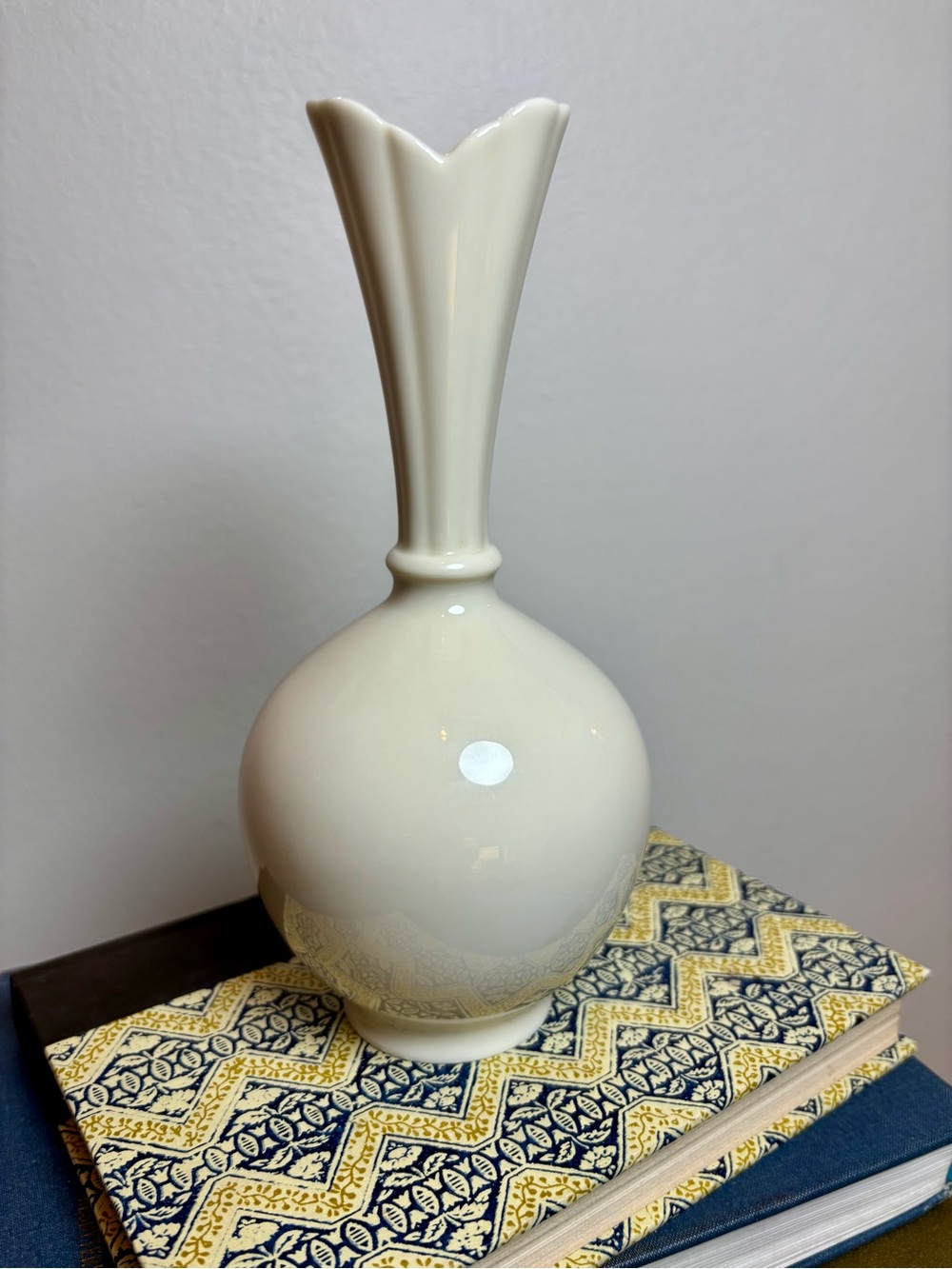 MCM Lenox Bud vase Monochromatic cream scalloped with bulbous form - blue mark
